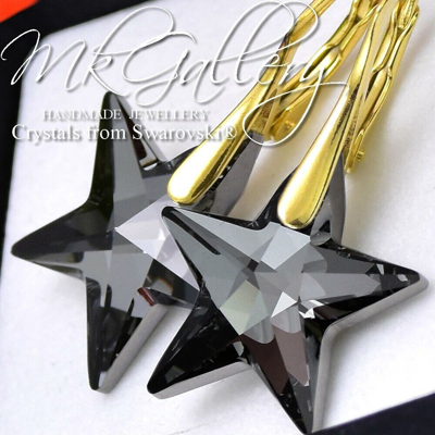 Pre-owned Swarovski Gold Plated 925 Silver Earrings Star Silver Night- 20mm Crystals From ®