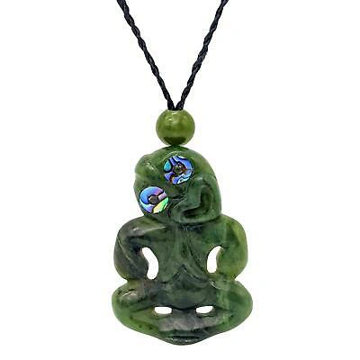 Pre-owned 81stgeneration Carved Nephrite Jade Abalone Miniature Hei Tiki Pendant Necklace