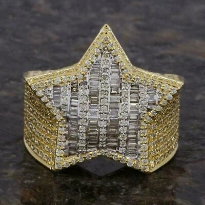 Pre-owned Online0369 14k Yellow Gold Plated Men's Round Baguette Sim Diamond Star Top Ring Silver
