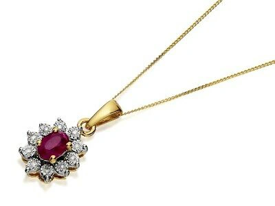 Pre-owned F. Hinds F.hinds 9ct Gold Chain Oval Red Ruby Diamond Cluster Necklace 5pts Pendant Women