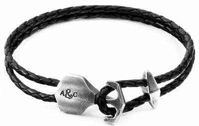Pre-owned Anchor And Crew Mens Delta Silver And Braided Leather Bracelet - Coal Black