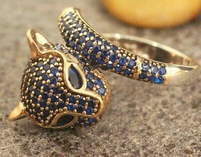 Pre-owned Universal Jewels 1.75ct Blue Sapphire Round Men's Leopard Face Charm Ring 14k Yellow Gold Plated