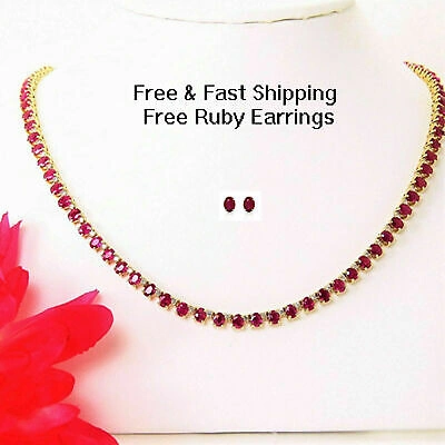 Pre-owned Online369 45ct Oval Red Ruby Sim Diamond Tennis Womens Necklace 14k Yellow Gold Plated