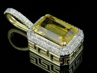 Pre-owned Online0369 8.42 Ct Emerald Cut Yellow Citrine Men's Halo Pendant In 14k Yellow Gold Plated