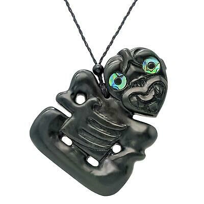 Pre-owned 81stgeneration Carved Black Nephrite Jade Paua Large Hei Tiki Pendant Necklace