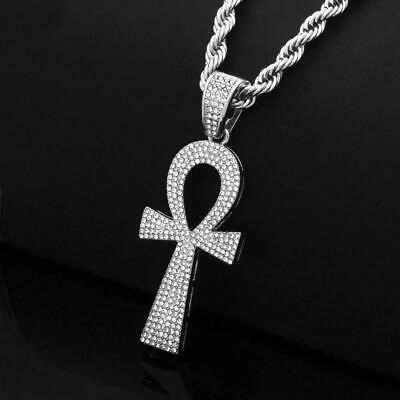 Pre-owned Online0369 0.75 Ct Sim Diamond Egyptian Ankh Cross Pendant Necklace 14k White Gold Finish