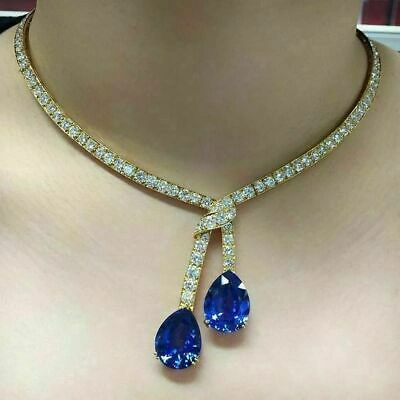 Pre-owned Online369 25ct Blue Sapphire Pear Sim Diamond Womens Tennis Necklaces Yellow Gold Over 18"