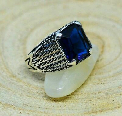 Pre-owned Universal Jewels 3 Ct Emerald Cut Blue Sapphire Men's Statement Ring 14k White Gold Finish Silver