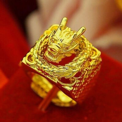 Pre-owned Universal Jewels 14k Yellow Gold Plated Men's Dragon Statement Ring 925 Sterling Silver