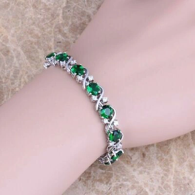 Pre-owned Universal Jewels Womens 6ct Rd Emerald Simulated Diamond Tennis Bracelet 14k White Gold Fn Silver