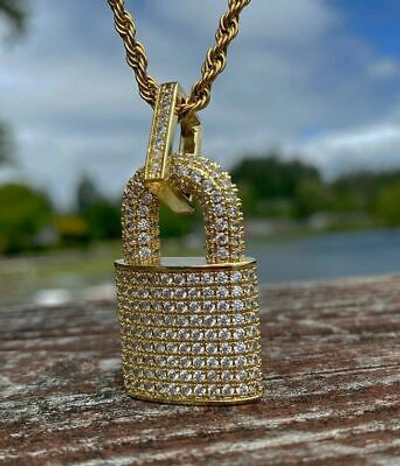 Pre-owned Online0369 Men's Fully Filled Lock Pendant With Rope Chain Over 14k Yellow Gold Plated