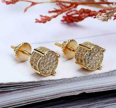 Pre-owned Online0369 14k Yellow Gold Plated Men's Fully Iced Stud Earrings In 1.12 Ct Round Sim Diam