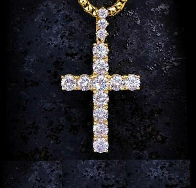Pre-owned Online0369 2.59 Ct Round Simulated Diamond Men's Jesus Cross Pendant 14k Yellow Gold Plated