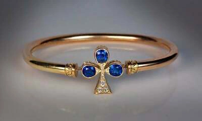 Pre-owned Online0369 Women's Antique Bangle Bracelet 2 Ct Sapphire Sim Diamond 14k Yellow Gold Over