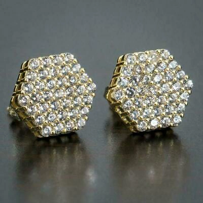Pre-owned Online0369 Men's Honey Comb Stud Earrings In 1.25 Ct Round Sim Diam 14k Yellow Gold Plated