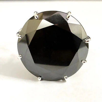 Pre-owned Black Diamond Huge  Ring , 100 Ct Solitaire In 925 Sterling Silver 8-prong Ring