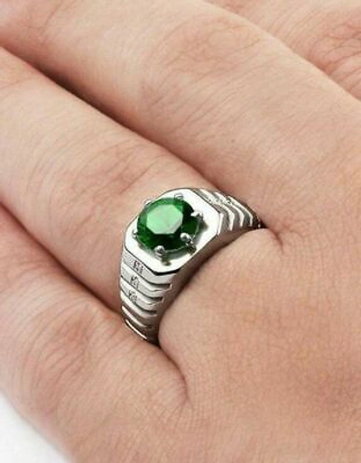 Pre-owned Universal Jewels 2 Ct Green Emerald Round Mens Wedding Band Ring 14k White Gold Plated 925 Silver