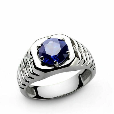 Pre-owned Universal Jewels 2 Ct Rd Blue Sapphire & Simulated Diamond Mens Ring 14k White Gold Plated Silver