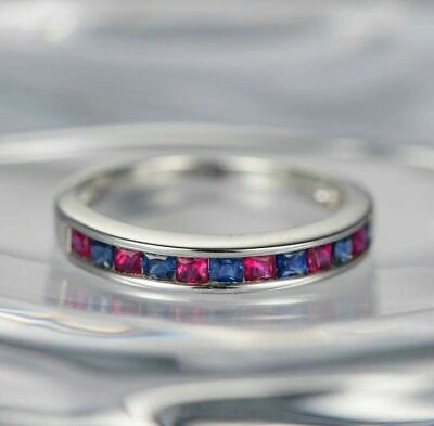 Pre-owned Universal Jewels 0.50 Ct Natural Igi Certificated Tanzanite & Ruby Wedding Band Ring 925 Silver