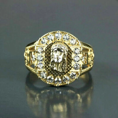 Pre-owned Universal Jewels Men's 1ct White Round Sim Jesus Diamond Pinky Ring 14k Yellow Gold Plated Silver