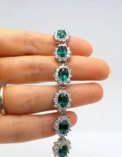 Pre-owned Online0369 12.84 Ct Oval Green Emerald Simulated Diamond Halo Link Bracelet Over 925 Silver