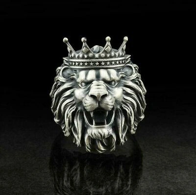 Pre-owned Universal Jewels 14k White Gold Plated Solid Metal Men's 3d Lion Face Ring 925 Sterling Silver