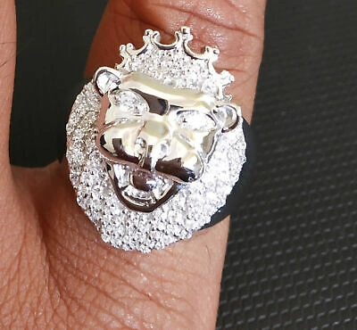 Pre-owned Universal Jewels 0.50ct Simulated Diamond Rd Mens Lion Face Statement Ring 14k White Gold Finish