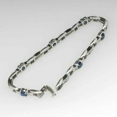 Pre-owned Universal Jewels 6 Ct Blue Oval Sapphire & Sim Diamond Link Men's Bracelets 14k White Gold Plated