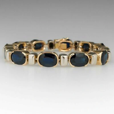 Pre-owned Universal Jewels 6 Ct Blue Oval Sapphire Lab Created Link Men's Bracelets 925 Sterling Silver