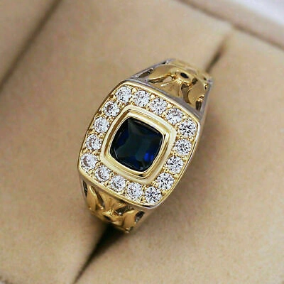 Pre-owned Earleen Jewels Yellow Plated 2.20ct Cushion Blue Sapphire Studded Men's Classic Ring In Silver
