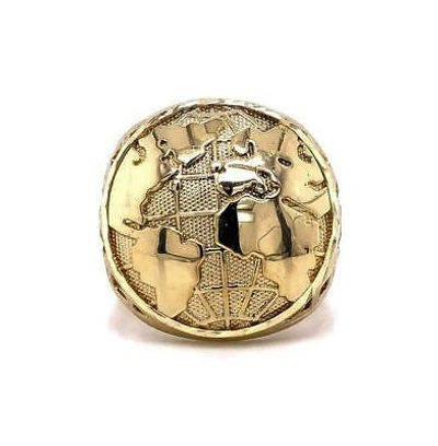 Pre-owned Online0369 Men's The Globe Maps Top Ring With Cutout Eternity Shank 14k Yellow Gold Plated