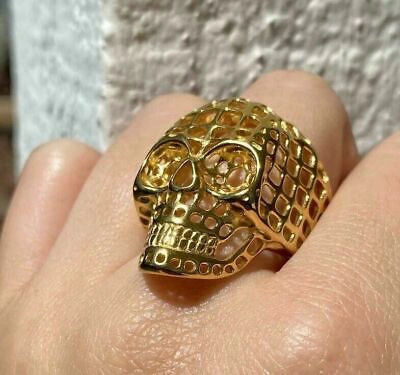 Pre-owned Online0369 Men's Unique Design Cutout Theme Skull Head Hot Ring 14k Yellow Gold Plated