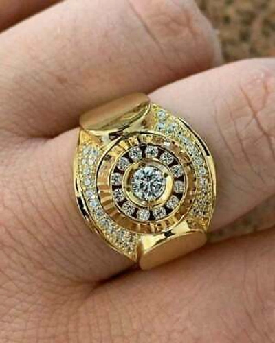 Pre-owned Online0369 1.35 Ct Round Sim Diamond Men's Classic Ring In 14k Yellow Gold Plated Silver