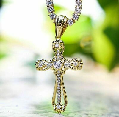 Pre-owned Online0369 1 Ct Round Sim Diamond Men's Cross Pendant With 4 Mm Tennis Chain In 925 Silver