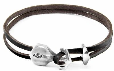 Pre-owned Anchor And Crew Mens Delta Anchor Silver And Flat Leather Bracelet - Dark Brown