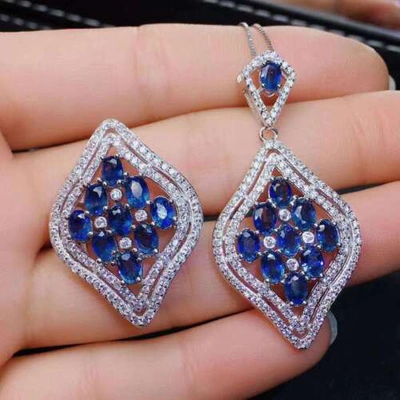Pre-owned Xindi Natural Sapphire Silver White Necklace Ring Set + Chain