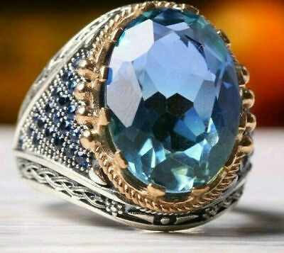 Pre-owned Universal Jewels 3.50 Ct Oval Blue Topaz & Sapphire Men's Cluster Ring 14k White Gold Over Silver