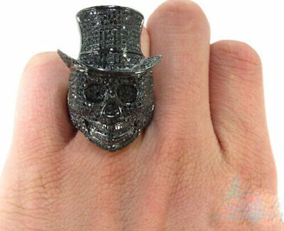 Pre-owned Universal Jewels 2ct Black Sim Diamond Round Men's Skull Ring 14k Black Rohdium Plated 925 Silver