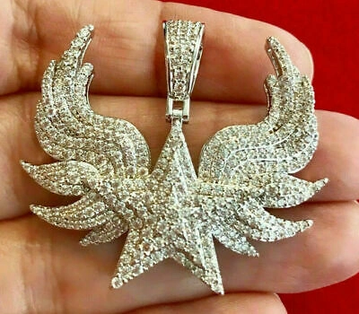 Pre-owned Universal Jewels 1ct White Simulated Diamond Mens Star Wings Charm Pendant White Gold Over Silver