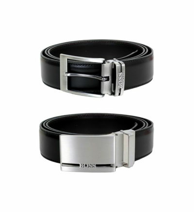Pre-owned Hugo Boss Galliz 2 X Buckle Black Leather Reversible Belt