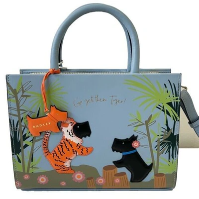 Pre-owned Radley Dog Bag Picture Handbag Go Get Them Tiger Blue Leather