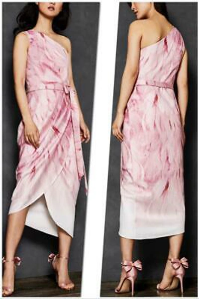 Pre-owned Ted Baker - Affia Angel Falls One Shoulder Midi Dress-white & Pink-size 4(bnwt)