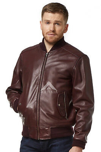 Pre-owned Smart Range Men's Leather Jacket Oxblood Bomber Classic Ittalian 100% Real Napa Jacket 1229