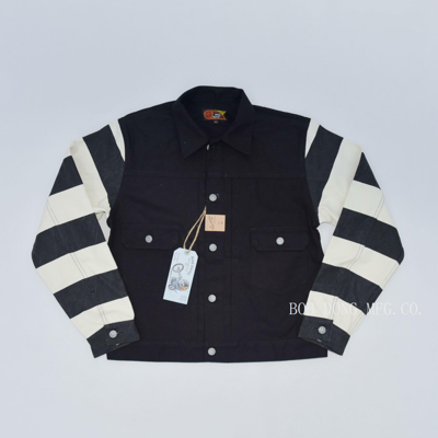 Pre-owned Bob Dong Patchwork Prison Stripe Canvas Jacket Moto & Biker Rugged Style 507xx