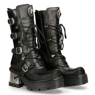 Pre-owned New Rock Rock 373-s33 Ladies Black 100% Leather Goth Punk Emo Rock Biker Boots