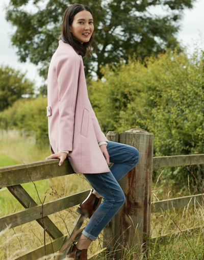 Pre-owned Joules Ladies Addington Herringbone Coat In Pink Herringbone In All Sizes