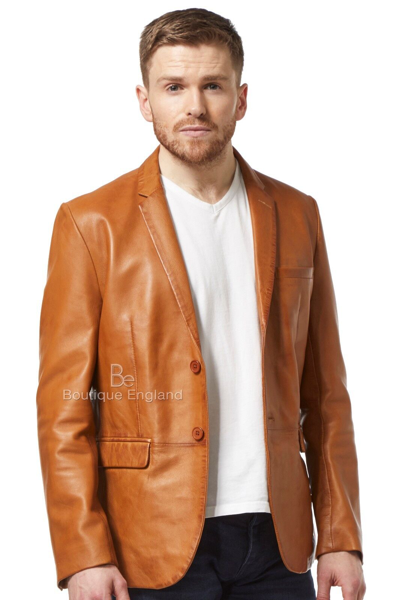 Pre-owned Smart Range Mens Leather Blazer Tan Classic Italian Tailored Soft 100% Real Leather 3450
