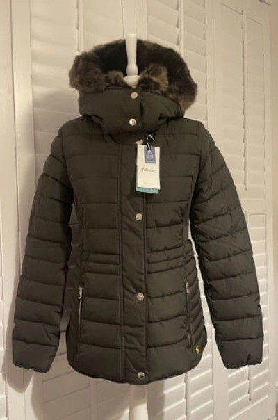 Pre-owned Joules Womens Gosway Fur Trim Padded Coat. In Heritage Green . Uk Size 10 .