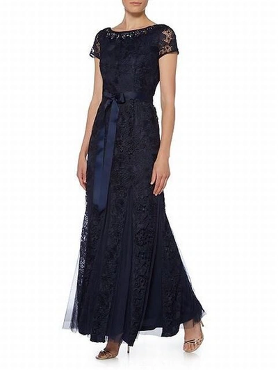 Pre-owned Adrianna Papell Lace Gown With Tulle Inserts Navy Size Uk10 Rrp £260 Dh089 Kk 09