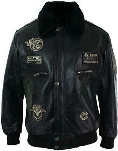 Pre-owned Aviatrix Mens Black Real Leather Bomber Aviator Badge Design Pilot Jacket Removable Fur C
